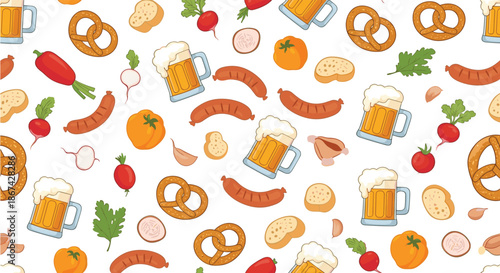 Seamless Oktoberfest pattern with beer mugs, sausages, pretzels, and vegetables on a clean white background for a festive design.