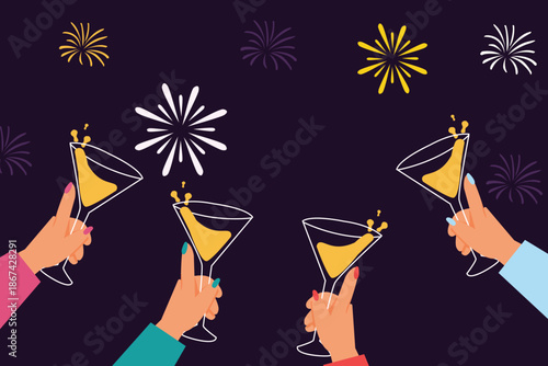 Human hands holding a glasses of champagne and celebrating new year. Bengal light, champagne and confetti. Happy new year  vector illustration