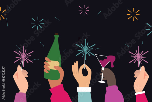 Human hands holding a glasses of champagne and celebrating new year. Bengal light, champagne and confetti. Happy new year  vector illustration