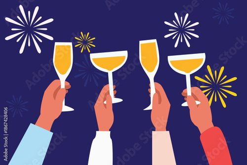 Human hands holding a glasses of champagne and celebrating new year. Bengal light, champagne and confetti. Happy new year  vector illustration