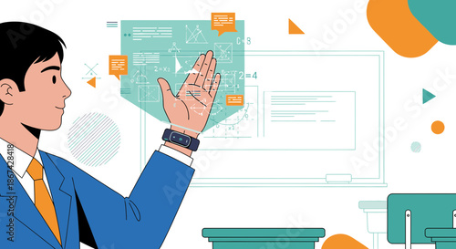 Cartoon lecturer presenting abstract concept diagrams with modern technology in classroom