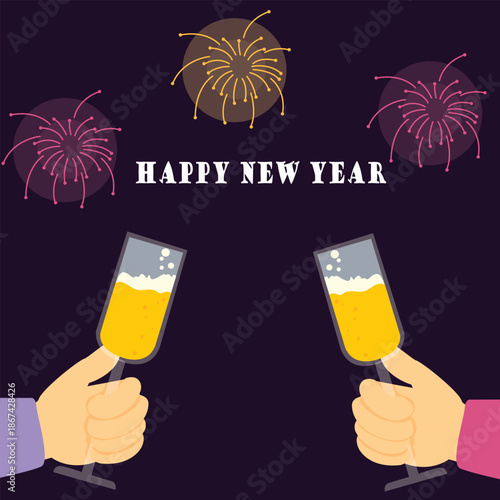 Human hands holding a glasses of champagne and celebrating new year. Bengal light, champagne and confetti. Happy new year  vector illustration