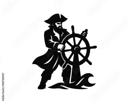 pirate captain gripping a ship’s wheel vector silhouette illustration design, pirate captain silhouette, pirate captain at helm silhouette, pirate gripping ship wheel vector, pirate ship wheel 