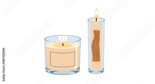Two cozy scented candles in glass jars with burning wicks, one with a wood wick, isolated on a clean white background.