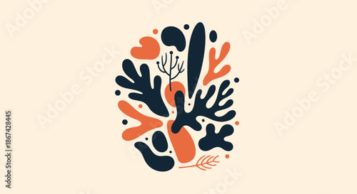 Modern abstract composition with various organic shapes, leaves, and dots in a trendy terracotta and dark blue color palette.