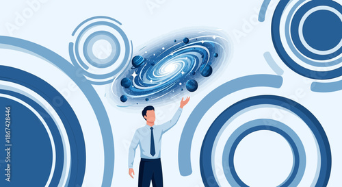 Conceptual Illustration of a Man Manipulating a Galaxy for Business Strategy Presentation