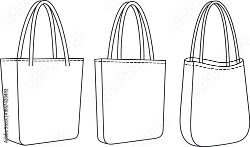 Three outline drawings of tote bags in different perspectives on white background Keywords: tote bag, shopping bag, canvas bag