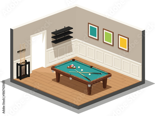 Warm wooden floors ground this isometric billiard room, where a green pool table sits centrally, surrounded by a cue rack, floating shelves, and three vibrant prints adorning the paneled walls