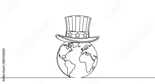 Earth with Uncle Sam hat in simple line art style  