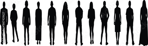 Diverse people silhouettes standing in row representing multicultural identities, inclusion, individuality, fashion styles, gender diversity, unity, and human expression.