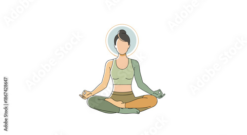 Woman Meditating In Lotus Position With Crossed Legs, Wearing Green Pants And Top, Outline Style, White Background