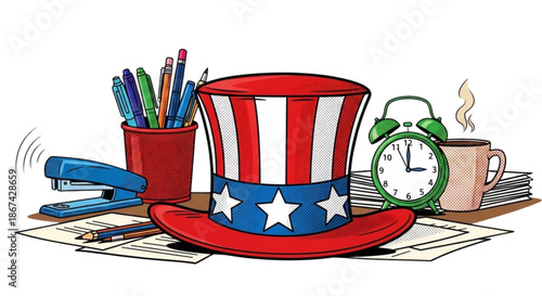 Cartoon Uncle Sam hat with office supplies and coffee cup on desk  