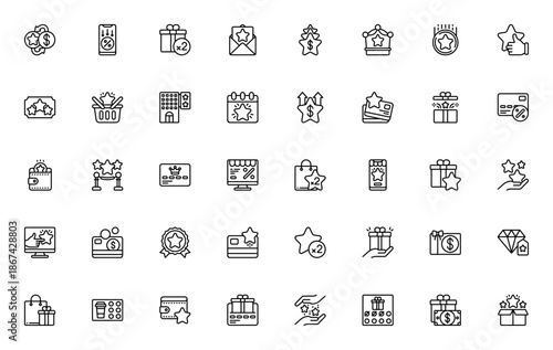 Customer Loyalty icon set. Vector illustration featuring reward, gift, VIP, card, wallet, star, shopping and more. Editable stroke symbols.