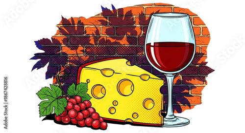 Wine glass and cheese wedge with grapes on brick wall background  
