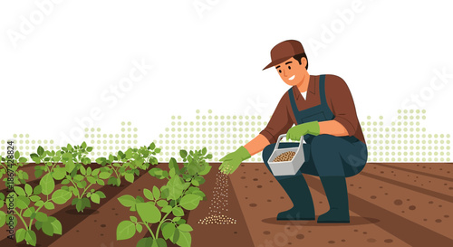 Dedicated farmer cultivating crops in a verdant field with focused attention towards agriculture