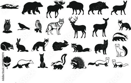 North American wildlife vector silhouettes of animals and tree in black isolated icons for nature, forest, and educational design use.