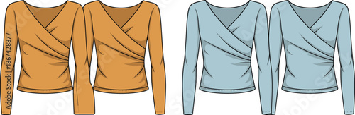 Two Pairs of Women's Long Sleeve Wrap Tops in Orange and Light Blue shirt blouse