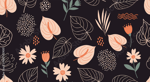 Seamless floral pattern with hand-drawn anthurium flowers, leaves, and abstract shapes on a dark background for modern design.