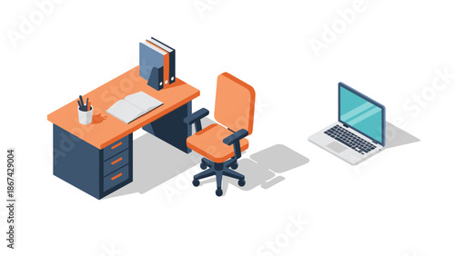 Modern office workspace with desk, chair, and laptop in a minimalist setting viewed from above