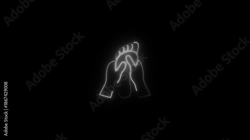 Glowing white outline of praying hands on black background spiritual gesture neon lit palms together