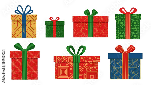 Colorful gift boxes with bows isolated on white background for holiday season