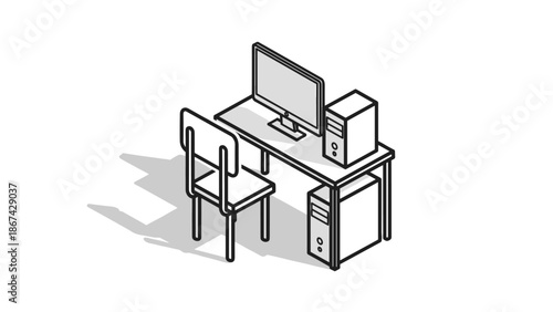 A computer workstation with a monitor, keyboard, and filing cabinets on a desk with a chair, viewed from an isometric perspective.