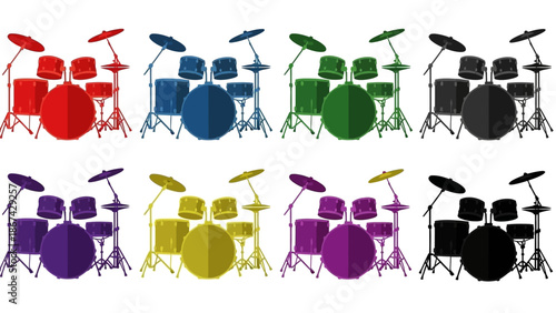 Colorful drum set illustrations in various color schemes isolated on white