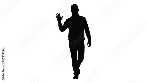 Silhouette of a man waving his hand isolated on a white background