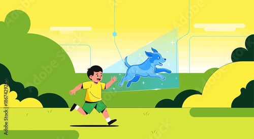 Energetic boy chasing after futuristic holographic dog in a vibrant outdoor cartoon environment