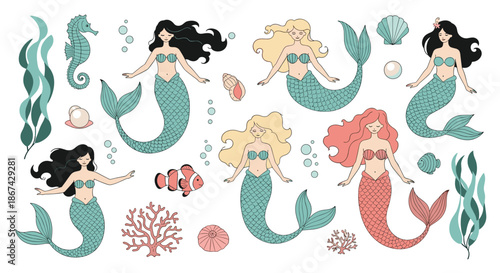 Collection of beautiful hand-drawn mermaids with different hair colors, along with various sea elements like coral and shells.