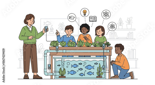Engaging young learners explore aquaponics science experiment setup in educational setting