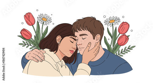 Tender portrait of an embracing couple with their eyes closed, surrounded by a beautiful arrangement of tulips and daisies.
