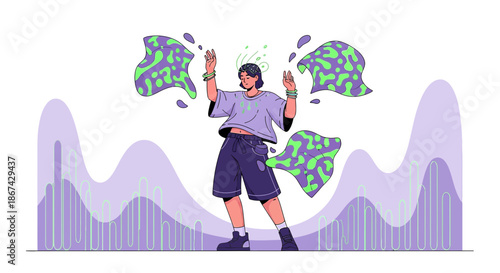 Enigmatic illustration featuring a girl surrounded by abstract forms on dynamic background