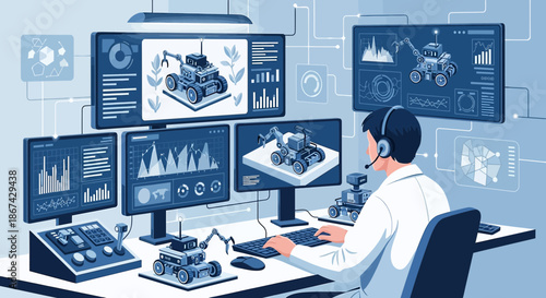 Engineer controlling autonomous vehicle fleet in a modern technological command center with