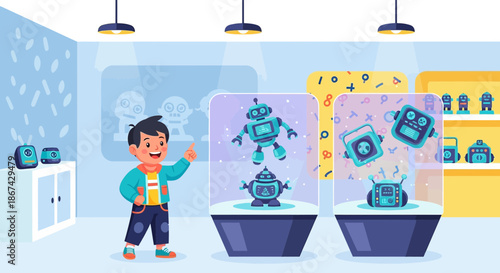 Enthusiastic young boy exploring a futuristic robot exhibit in a brightly lit modern museum gallery