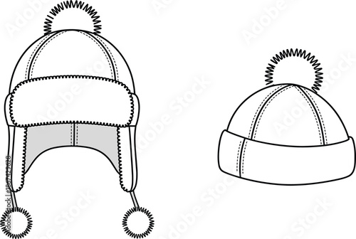 Winter hats with pom-poms and ear flaps on white background beanie