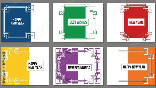 Colorful greetings card designs happy new year and best wishes messages