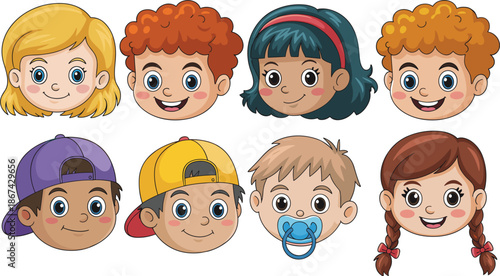 Diverse children faces vector avatar set, happy multicultural boys and girls for education and childhood design