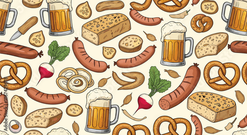 Seamless vintage pattern for Oktoberfest with hand-drawn beer mugs, sausages, pretzels, and bread on a light background design.