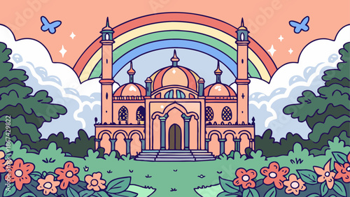 Beautiful mosque with rainbow and flowers in the garden