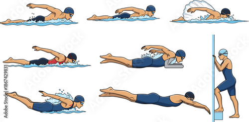 Swimming technique illustration, freestyle, butterfly, breaststroke, diving, streamlined glide, swim cap, goggles, water splash, sports clipart, cartoon swimmer