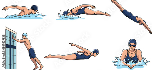 Swimming technique illustration, freestyle, butterfly, breaststroke, diving, streamlined glide, swim cap, goggles, water splash, sports clipart, cartoon swimmer