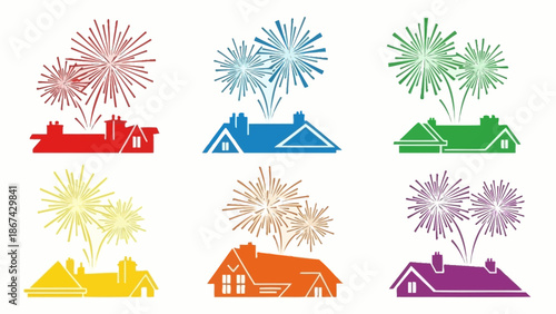 Colorful fireworks display above stylized house roofs in various hues