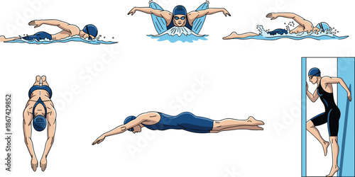 Swimming technique illustration, freestyle, butterfly, diving, underwater glide, starting block, swim cap, goggles, water splash, sports clipart, cartoon swimmer