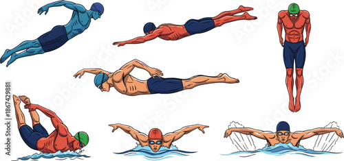 Butterfly stroke sequence, swimming technique, dive, glide, pull, recovery, swim cap, goggles, water splash, sports clipart, cartoon swimmer