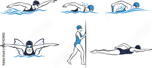 Swimming technique illustration, freestyle, butterfly, breaststroke, diving, push-off, glide, swim cap, goggles, water splash, sports clipart, cartoon swimmer