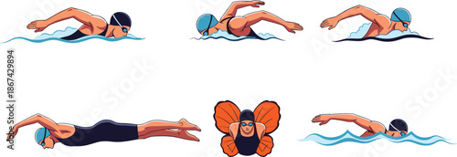 Swimming stroke illustration, freestyle, butterfly, breaststroke, backstroke, diving, swim cap, goggles, water splash, sports clipart, cartoon swimmer