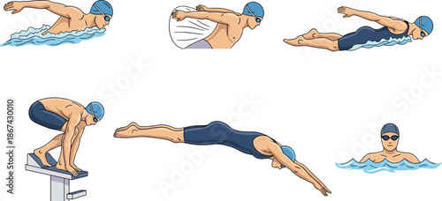 Black silhouettes of swimmer, diving, freestyle strokes, competitive swimming stages, sports illustration, aquatic activity design, athlete motion artwork