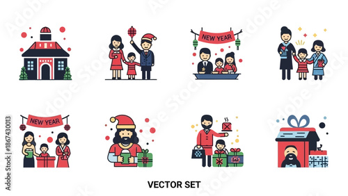 Festive holiday season vector set featuring families and gift giving