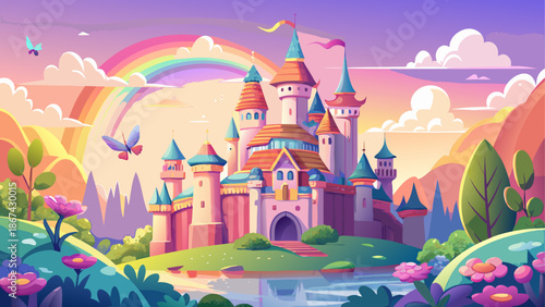 Magical castle scene with rainbow and flowers